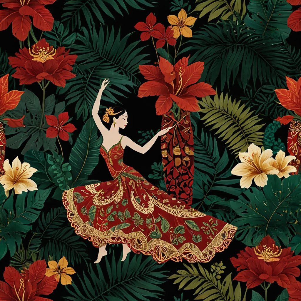 A captivating collage of Indonesian cultural motifs interwoven with sensual imagery, featuring traditional textiles and nature, creating an enchanting atmosphere. Include silhouettes of elegant dancers and soft lighting to evoke allure and intimacy. Incorporate rich colors like deep reds, golds, and greens for a luxurious feel. Evoke a sense of exploration and beauty in the visuals. super-realistic. vibrant colors. 3D.