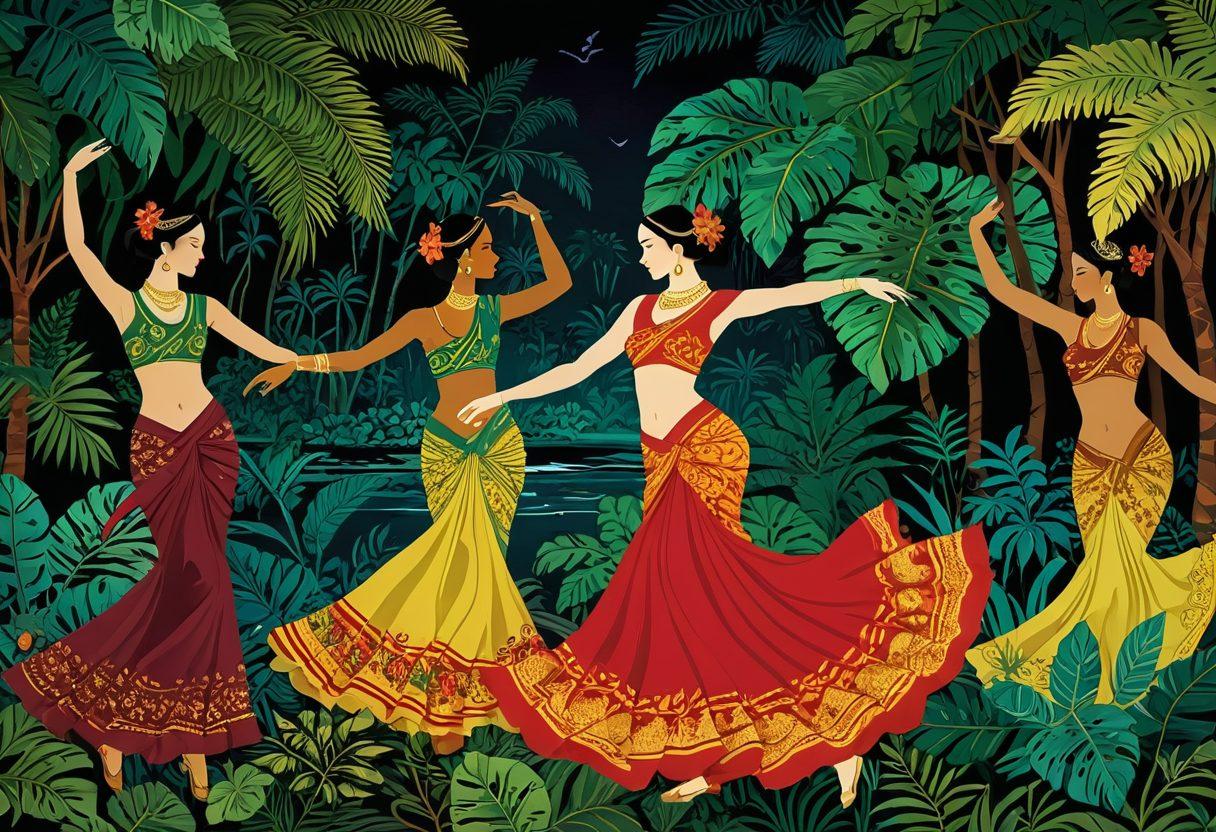 An artistic representation of Indonesian culture blending traditional and modern influences, featuring a flowing scene of vibrant, sensual visuals in the background. Incorporate elements like traditional batik patterns, lush tropical landscapes, and silhouettes of dancers to hint at eroticism. The color palette should be rich with deep reds, golds, and greens to evoke passion and allure. Super-realistic. Vibrant colors. Ethereal glow.