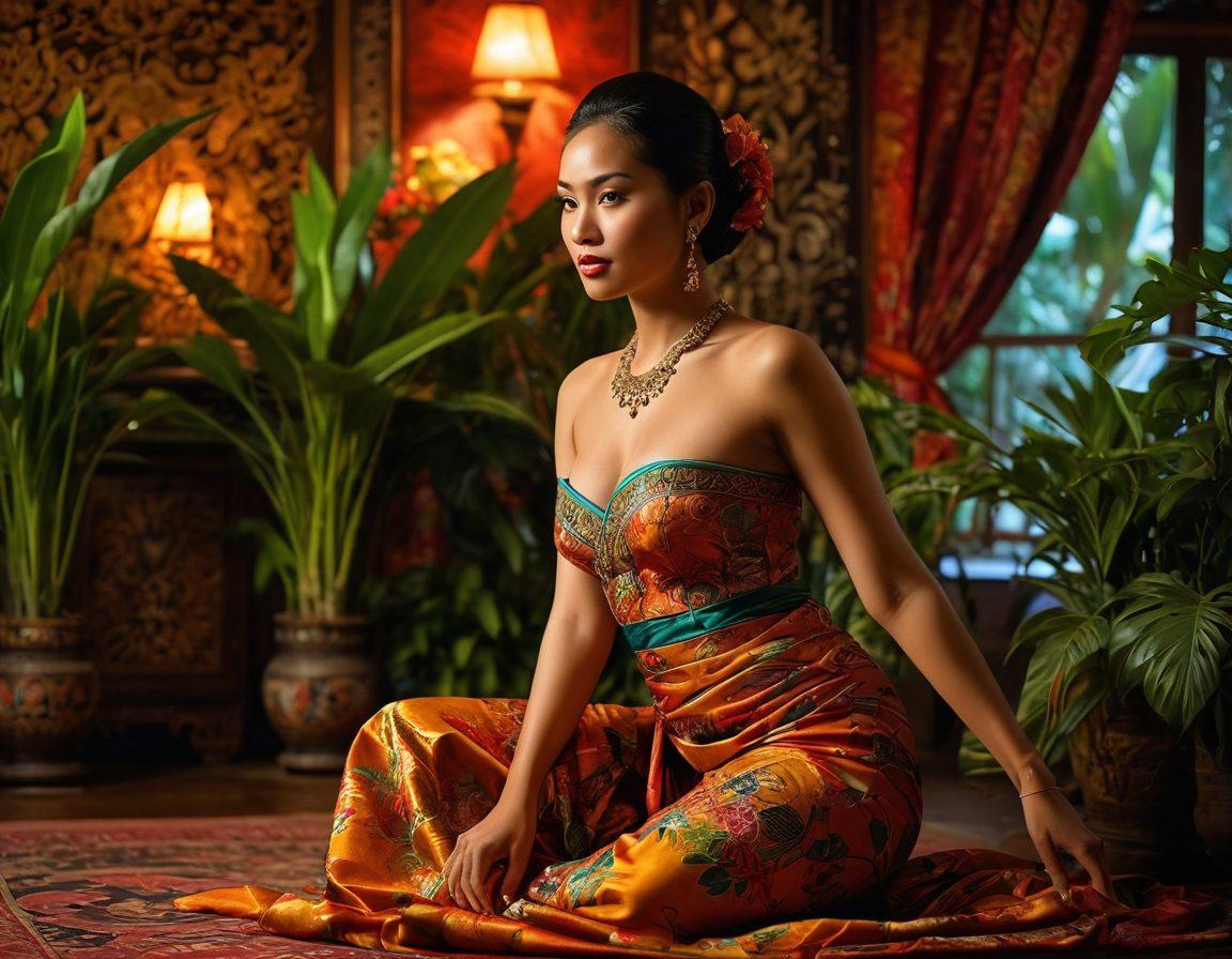 An elegant, moody scene depicting a sultry performer on stage in a dimly lit Indonesian venue, adorned with exotic plants and rich textiles. The atmosphere should be enhanced with soft, warm lighting, highlighting the curves and expressions of the artist, evoking a sense of sensuality and allure. Include elements of traditional Indonesian culture in the décor. super-realistic. vibrant colors. intimate setting.